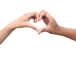 Couple making heart shape with hand on white background