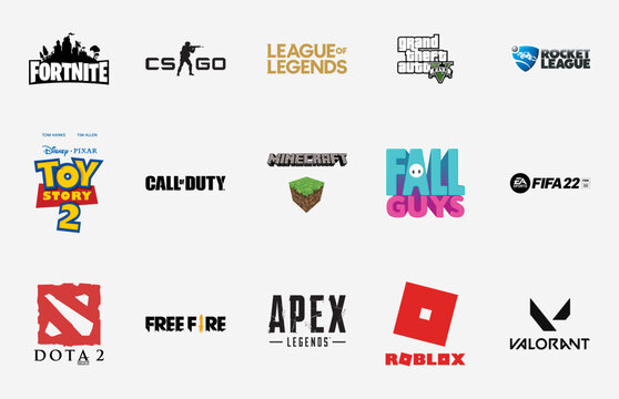 Most Popular PC Games logo collection: minecraft, Fortnite, Fall Guys, League of Legends, Free Fire, Call of Duty, Grand Theft Auto 5, Apex Legends, DOTA 2, Editorial vector illustration.