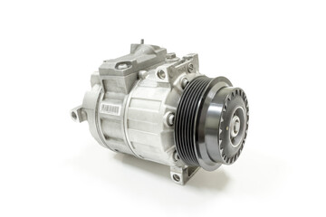 Car air conditioning compressor on a white background, Isolated, Car maintenance service.