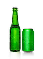 Green beer bottle and green beer can with water droplets on a white Background