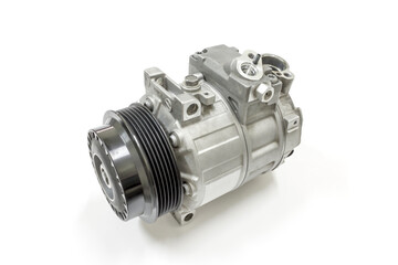 Car air conditioning compressor on a white background, Isolated, Car maintenance service.