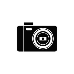 Compact pocket camera icon in black flat glyph, filled style isolated on white background
