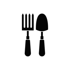 Farming fork and shovel, gardening tools icon in black flat glyph, filled style isolated on white background