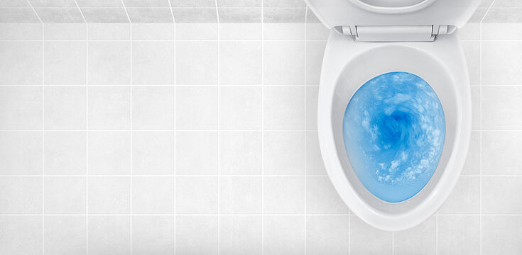 Toilet bowl flushing water, above view, tiled walls and floor. Stock Photo  by rawf8