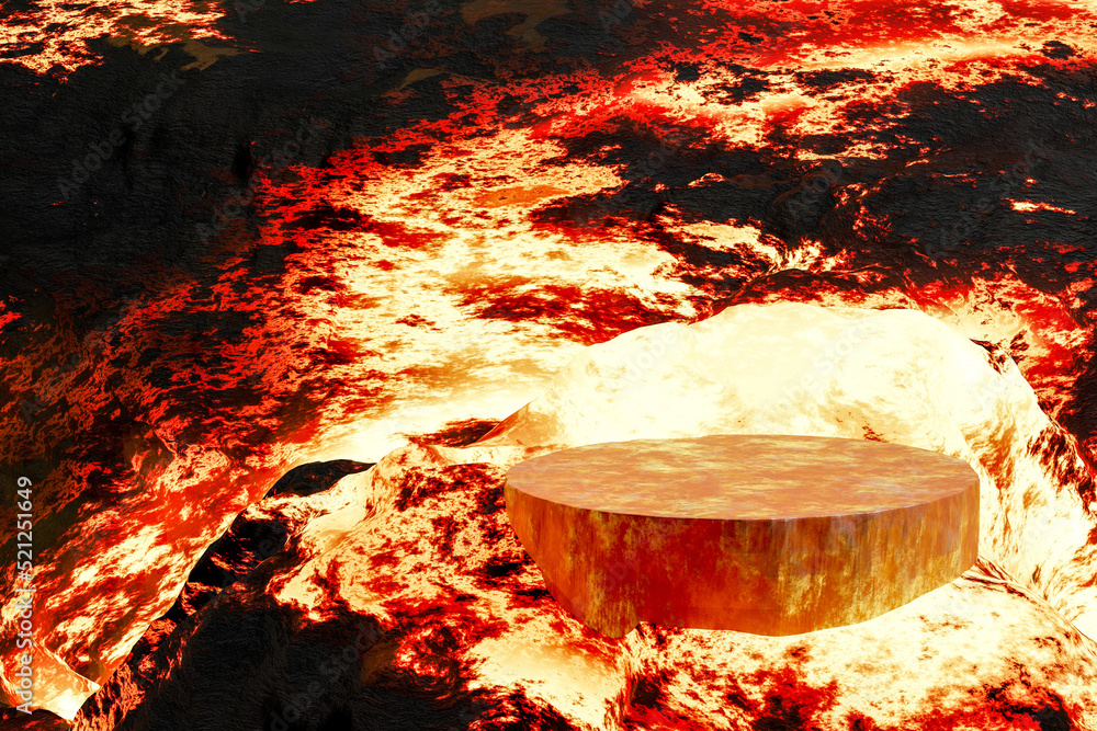 Poster 3d render platform and natural podium on volcano with magma and lava erupt backdrop for product disp