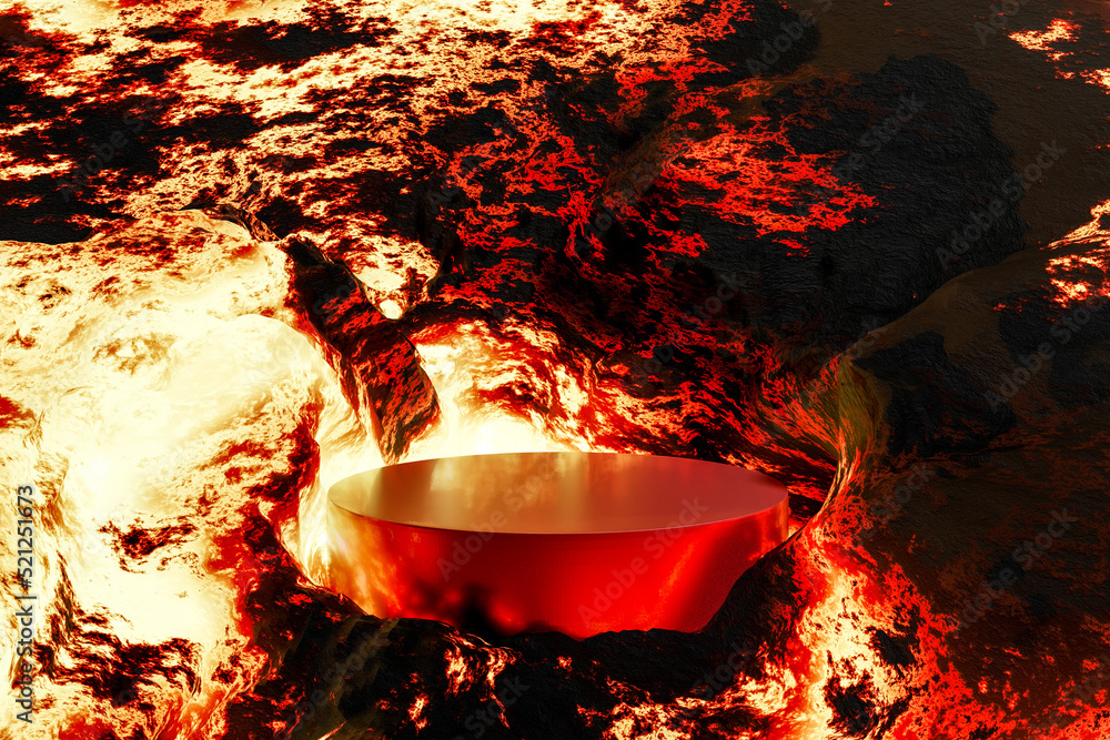 Poster 3d render platform and natural podium on volcano with magma and lava erupt backdrop for product disp
