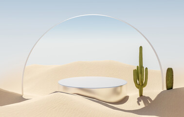 3D rendering, Platform and natural podium on the desert with cactus tree and glass arch backdrop for product display, Blank showcase, mock up template or cosmetic presentation with empty round stage © EcoSpace