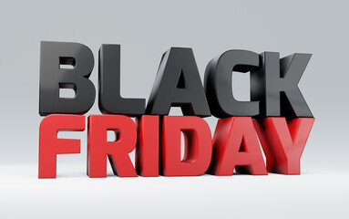 Black Friday logo. 3D rendering with white background. Red and black lettering.