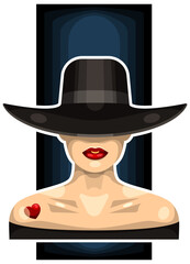 A girl with a heart on her shoulder. A girl in a hat with brim. Red lips. There is a small heart on the shoulder. Sticker.