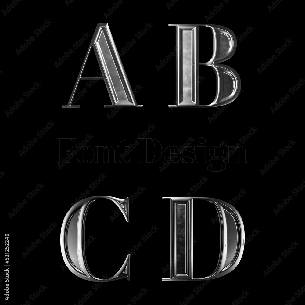 Poster alphabet letter set with glossy metal texture (chrome, steel, silver), serif font design with 3d ren