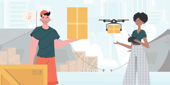 Humanitarian aid concept. The quadcopter is transporting the parcel. Man and woman with cardboard boxes. Vector.