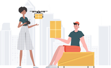 The concept of cargo delivery. The quadcopter is transporting the parcel. Man and woman with cardboard boxes. trendy style. Vector illustration.