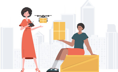The concept of cargo delivery. The quadcopter is transporting the parcel. Man and woman with cardboard boxes. trendy style. Vector.