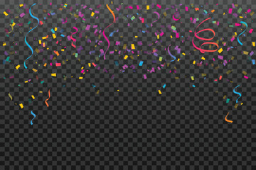 Many Falling Colorful Tiny Confetti And Ribbon On Black Background. Celebration Event and Party. Multicolored. Vector