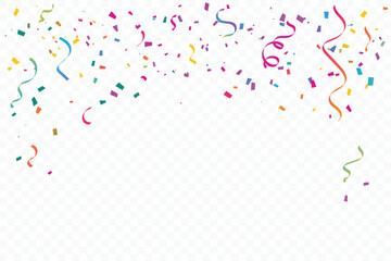 Many Falling Colorful Tiny Confetti And Ribbon On Transparent Background. Celebration Event and Party. Multicolored. Vector