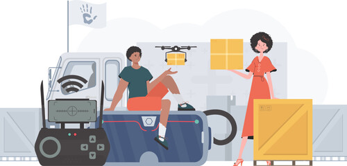 Humanitarian aid concept. The drone is transporting the parcel. Man and woman with cardboard boxes. trendy style. Vector illustration.