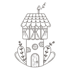 A tall house that looks like a tower. Vector illustration is hand-drawn in the style of doodles in black and white. Linear Art.