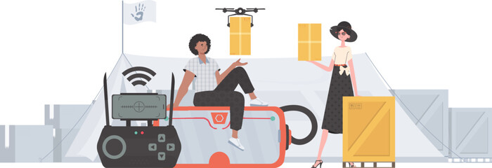 The theme of humanitarian aid. The quadcopter is transporting the parcel. Man and woman with cardboard boxes. Flat modern design. Vector.