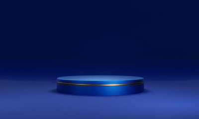 Blue and Gold Abstract 3D Elegant Podium Stage. Modern 3D Rendered Room with Glowing Lights and geometric shape stage.
