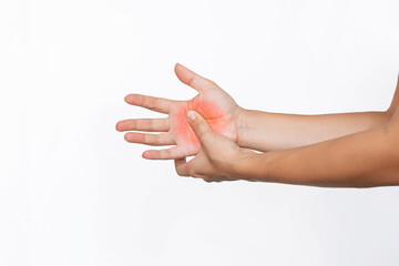 Cropped shot of a young woman holding a palm in her hand isolated on a white background. Numbness...