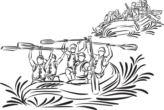group rafting extreme sport people having fun stroke brush image vector illustration