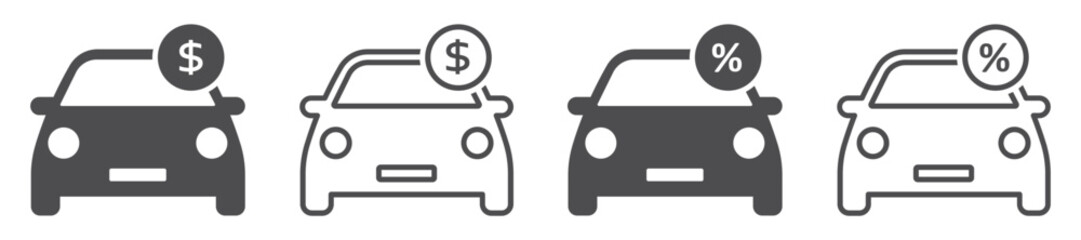 Set of car loan icons and money. Car with percent and dollars icons. Buying vehicle, car loan, transport payment, rent car. Vector illustration. © SVIATOSLAV