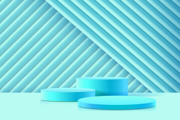 Abstract 3D cylinder pedestal podium with blue geometric cube platform. Light minimal wall scene. Modern vector rendering for product presentation.