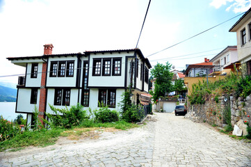 Street view from Ohrid, Macedonia. The lake slightly visible. Copy space in lower part of horizontal photo