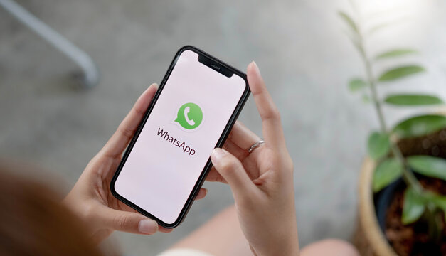 CHIANG MAI, THAILAND - JUL 10 2022 : Man holding a iPhone and open appstore searching social Internet service WhatsApp on the screen. iPhone was created and developed by the Apple inc.