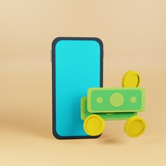 Smartphone and banknotes and coins 3d render illustration. Online banking, money transfer concept.