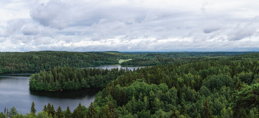 Obraz premium Panoramic view over forests of Aulanko Nature Reserve from top of Aulangonvuori Hill in Hämeenlinna, Finland in summer