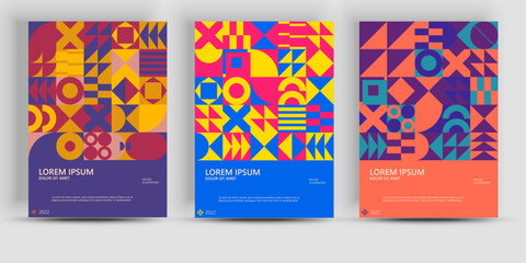 Abstract geometric posters. Bauhaus geometric backgrouns, vector circle, triangle, and square lines color art design. Contemporary vertical mosaic banners vector trendy set