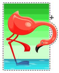Pink flamingo. Vector image. Colored sticker. The big pink bird bent its head towards the water.