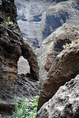 Volcanic rock formations in the Masca Valley on the island of Tenerife, Spain.