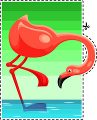 Pink flamingo. Vector image. Colored sticker. The big pink bird bent its head towards the water.