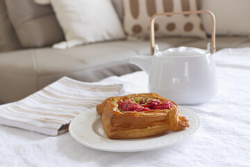Sweet dessert with afternoon tea time. Neutral afternoon lifestyle composition. Beige linen...