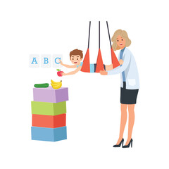 Occupational therapy treatment session on screening development of kids. Concept for pediatric clinic, pediatrician and learning in children. Vector illustration isolated on white background.