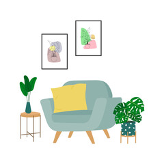 Interior design of living room with armchair, pictures, table and houseplants. Trendy composition with home decorations. Isolated vector illustration