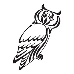 Owl stylized drawing .Black and white vector illustration of owl.  line line art picture. Hand sketch of a bird. Calligraphic illustration. Tattoo design.