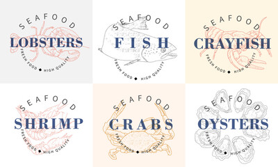 Collection of fish and seafood labels. Lobsters, shrimps, oysters, crayfish, crabs, fish in engraved style