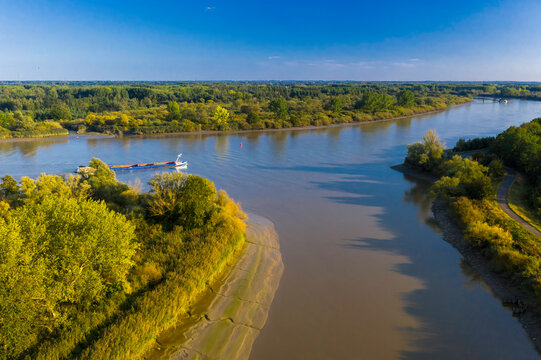 Aerial view of the Scheldt river and its tributary, the Durme river, in Hamme, Belgium