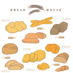 Hand drawn background of bread and bakery products. Baked goods template. Baking, bakery shop, cooking, sweet products, dessert, pastry.