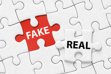 Fototapeta premium Real and fake concept on jigsaw puzzle. Jigsaw puzzle with missing piece.