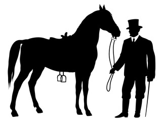 Silhouette of young horseman in historical clothing with standing horse. Rider in victorian dress.
