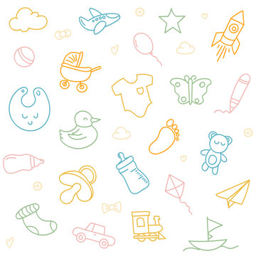 colorful cute kids baby doodle illustration seamless pattern