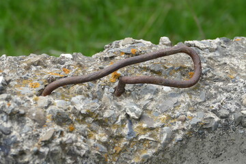 Closeup of bent rusty metal wire stuck in concrete.