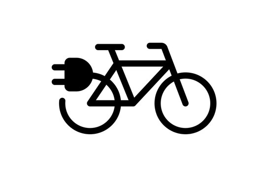 Electric bicycle icon. Black cable electrical bike contour and plug charging symbol. Eco friendly electro cycle vehicle sign concept. Vector battery powered e-bike transportation eps illustration