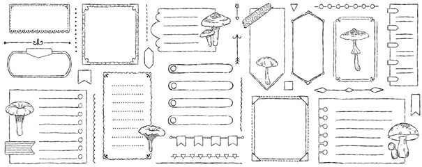 Digital note papers and stickers for digital bullet journaling or planning. Hand-drawn vector mushrooms set. Line art. Ready to use blank sticky notes. - 521262413