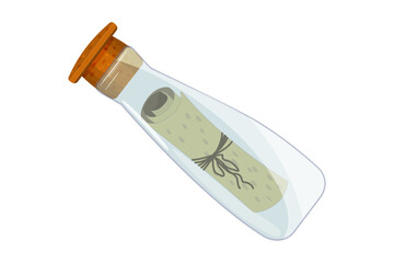 Bottle with message. Letter in glass bottle with cork. Bottle with paper scroll. Pirates, treasures, adventures or marine symbol. Mail or paper roll in flask covered with stopper. Vector illustration