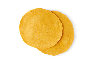 Two corn tortillas on white background